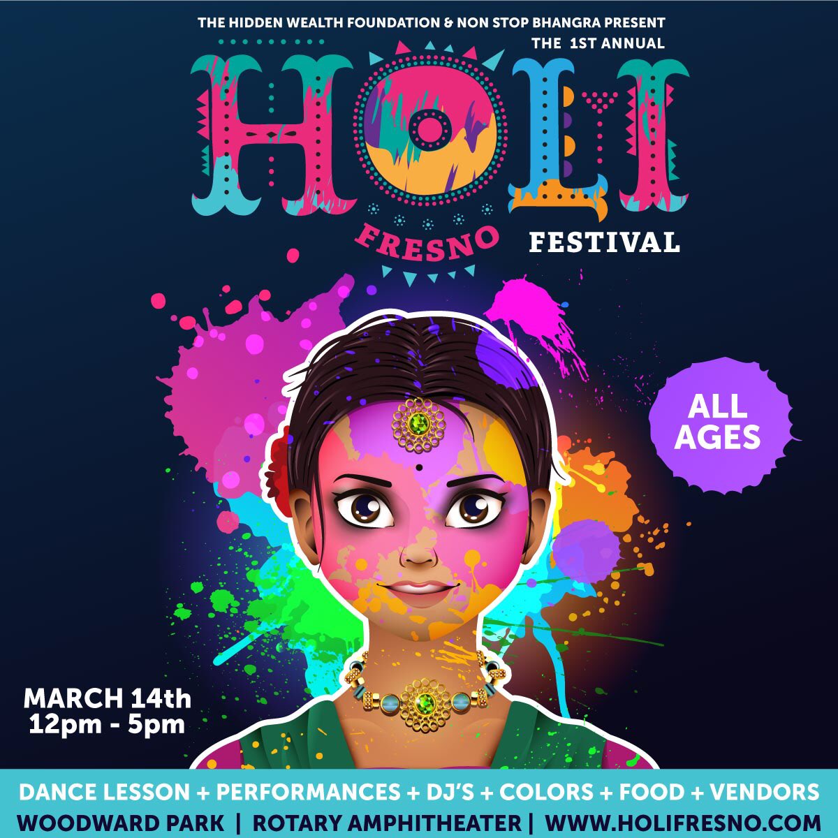 Holi Fresno-The Festival of Colors | Sat, March 14th | 12-5pm | Woodward Park Rotary Amphitheater 

Come experience one of a kind holi #celebration in #Fresno. Lots of #music, #dancing, #food, vendors, kids activities, colordrops &amp; more

Tickets and Info: holifresno.com