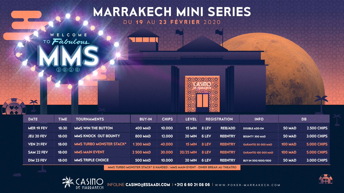 From February 19th to 23rd, the #MarrakechMiniSeries makes its great comeback for this first edition of 2020! 5 tournaments in total including the Turbo Monster Stack at 1,200 MAD and the Main Event at 2,500 MAD. And to top it all off: a 200,000 MAD guarantee! 🎉 #poker