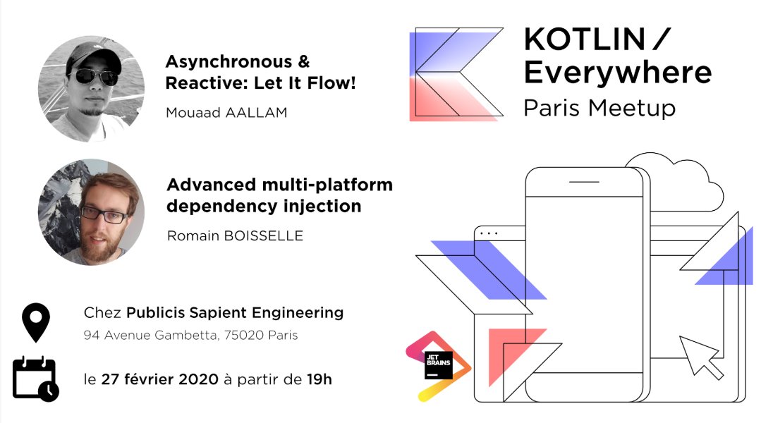 Next #kotlin Paris meetup. Asynchronous &amp; Reactive by <a href="/MouaadAallam/">Mouaad Aallam</a> / Multi-platform dependency injection by @romainbsl. Thanks to <a href="/Xebia/">Xebia</a> for hosting us.
bit.ly/3bQTSo6