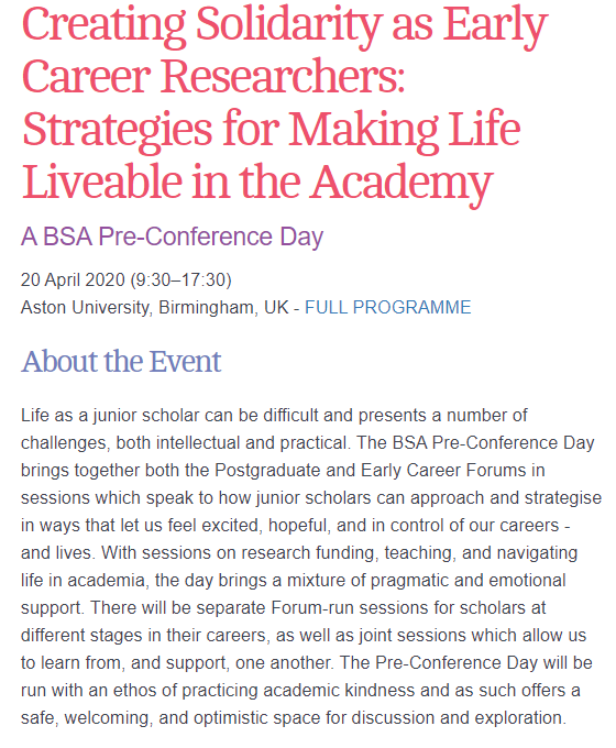 The BSA (@britsoci) on Twitter photo Book now for 'Creating Solidarity as Early Career Researchers: Strategies for Making Life Liveable in the Academy', a BSA pre-conference day! ow.ly/QdLm50yp67U
<a href="/BSAECForum/">Early Career Forum</a> <a href="/BSAPGForum/">BSA PG Forum</a> Book now for 'Creating Solidarity as Early Career Researchers: Strategies for Making Life Liveable in the Academy', a BSA pre-conference day! ow.ly/QdLm50yp67U
<a href="/BSAECForum/">Early Career Forum</a> <a href="/BSAPGForum/">BSA PG Forum</a>