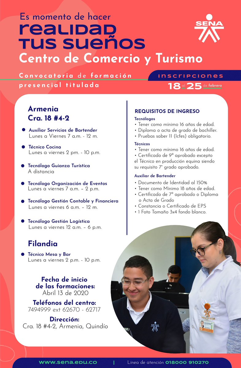 SENAQuindio's tweet photo. A partir de hoy y hasta el próximo 25 de febrero te podrás formar para hacer realidad tus sueños #EstudiaEnElSENA, aquí 👇🏻 te presentamos nuestros programas de formación para esta convocatoria. https://t.co/7IAfid7J3V