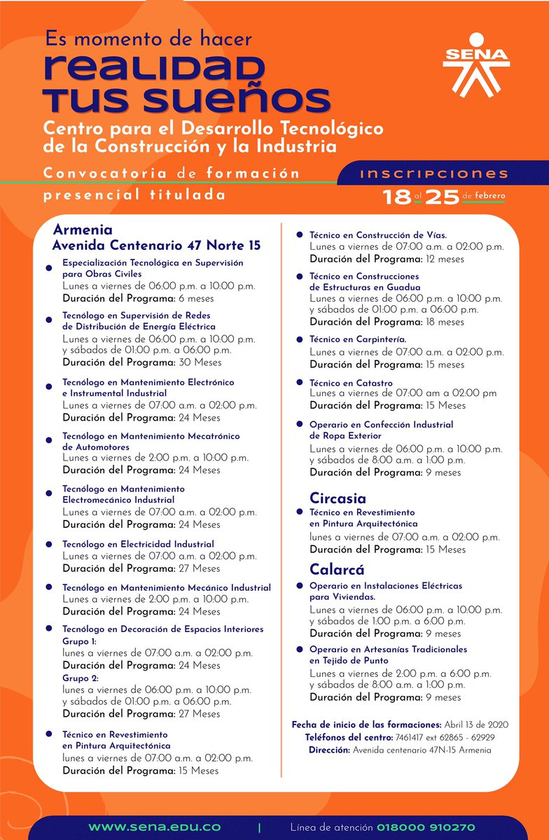 SENAQuindio's tweet photo. A partir de hoy y hasta el próximo 25 de febrero te podrás formar para hacer realidad tus sueños #EstudiaEnElSENA, aquí 👇🏻 te presentamos nuestros programas de formación para esta convocatoria. https://t.co/7IAfid7J3V