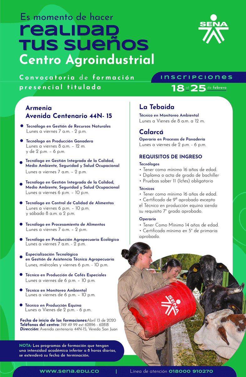 SENAQuindio's tweet photo. A partir de hoy y hasta el próximo 25 de febrero te podrás formar para hacer realidad tus sueños #EstudiaEnElSENA, aquí 👇🏻 te presentamos nuestros programas de formación para esta convocatoria. https://t.co/7IAfid7J3V
