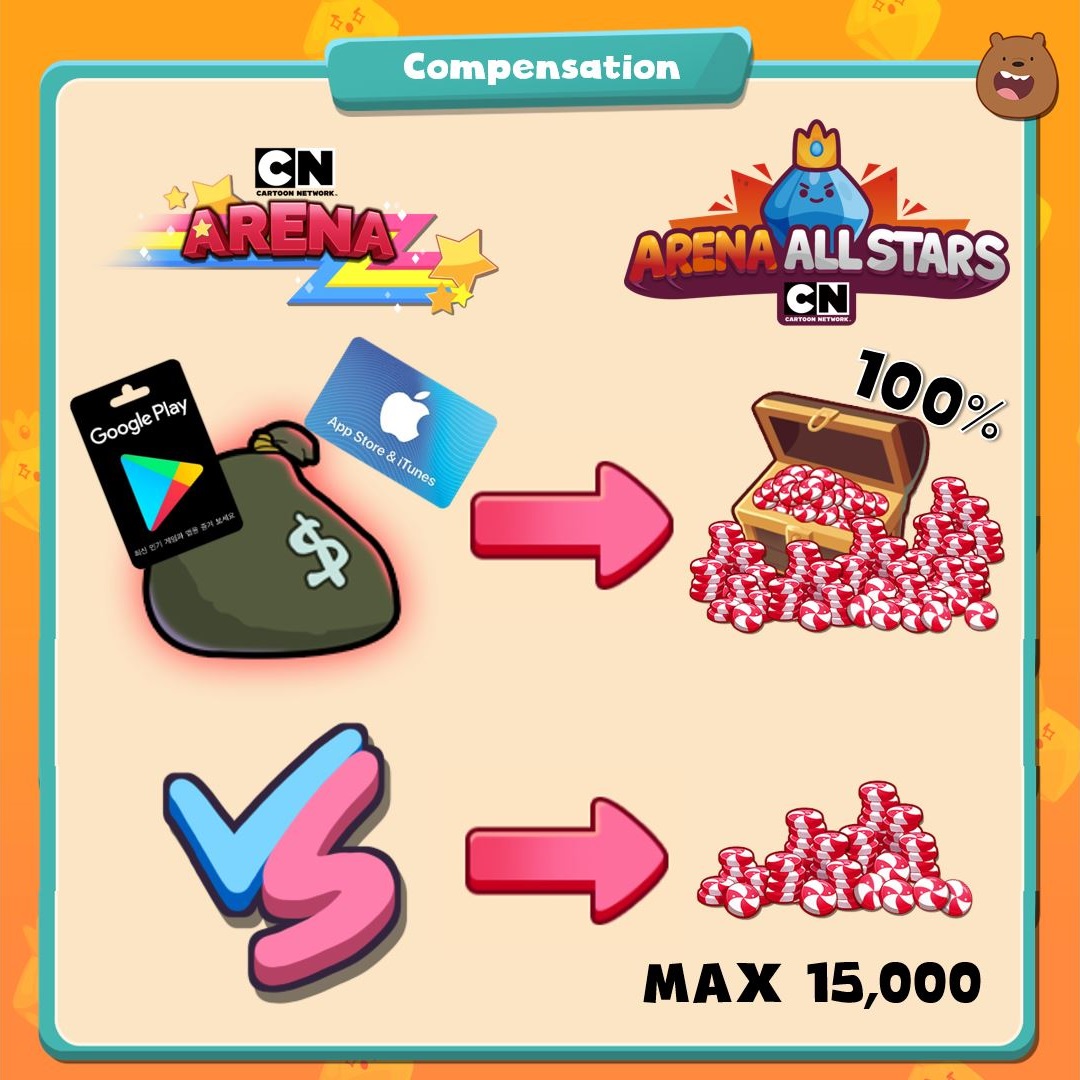 popjoyarena's tweet photo. [Cartoon Network ARENA]のプレイ中に商品を購入したことはありますか?

そうすると、[CN ARENA ALL STARS]に接続するとすぐに過去の購入内容によってCandyを受け取ることができます。もちろん100%です。

また、過去のゲーム回数によっては最高1万5000個の
candyが授与されます。 https://t.co/7jddPERSAa