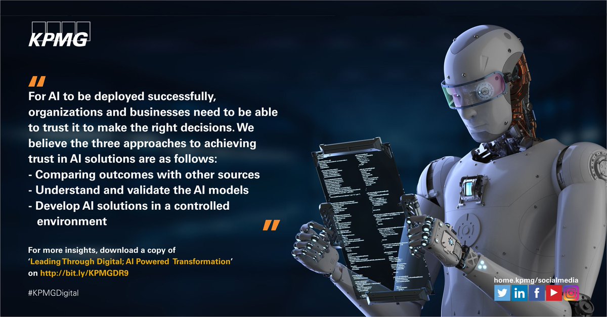 KPMG_NG's tweet photo. For AI to be deployed successfully, organisations and businesses need to be able to trust it to make the right decisions... For more insights, download a copy of the report: https://t.co/K1AnsSKn9P
#KPMGDigital #KPMGDigitalSummit2019 #LeadingThroughDigital #AI #KPMGNigeria https://t.co/QK6nv7YJqh