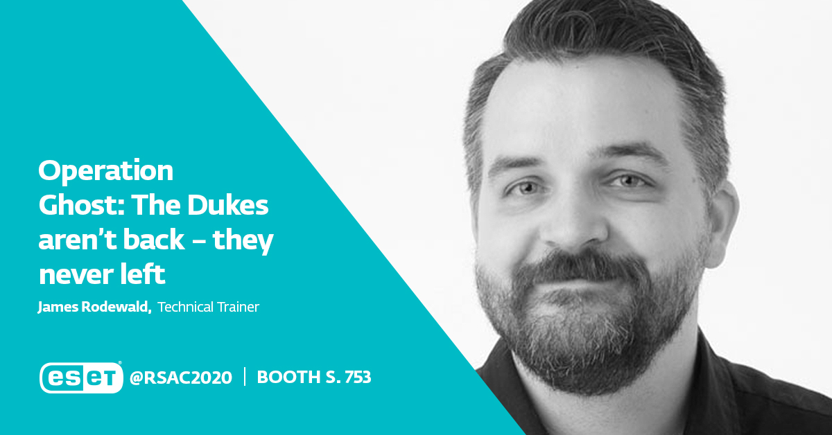 ESETresearch's tweet photo. Be enthralled by a live demo simulation of the real-life case of #APT29, aka #TheDukes, and their #OperationGhost, only at ESET’s #RSAC booth. https://t.co/P0gpkQM6E1 @rsaconference  #ESETresearch with James Rodewald https://t.co/uraJ3XrO1S
