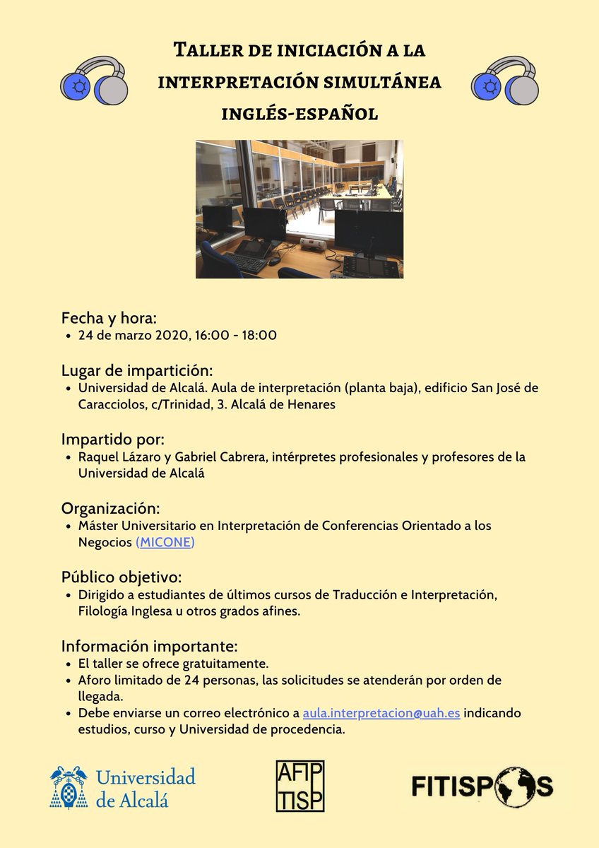 Máster en Interpretación de Conferencias (@micone_uah) on Twitter photo 📣Taller de iniciación a la #interpretación #simultánea inglés-español📣
Raquel Lázaro y <a href="/tuitsdegabriel/">Gabriel Cabrera</a> te esperan el 24 de marzo a las 16:00 en las cabinas del Colegio San José de Caracciolos de la <a href="/UAHes/">Universidad Alcalá</a>.
#1nt #Taller #MICONE <a href="/fitispos/">FITISPOS</a> <a href="/afiptisp/">AFIPTISP</a> 📣Taller de iniciación a la #interpretación #simultánea inglés-español📣
Raquel Lázaro y <a href="/tuitsdegabriel/">Gabriel Cabrera</a> te esperan el 24 de marzo a las 16:00 en las cabinas del Colegio San José de Caracciolos de la <a href="/UAHes/">Universidad Alcalá</a>.
#1nt #Taller #MICONE <a href="/fitispos/">FITISPOS</a> <a href="/afiptisp/">AFIPTISP</a>