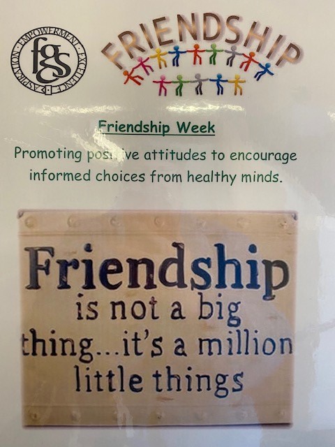 FlixtonGS's tweet photo. This week is 'Friendship' week in school, promoting positive attitudes, encouraging informed choices from healthy minds! Kindness costs nothing! @hltMAT @FGS6thForm @FgsCultureEthos https://t.co/SgF8WUSVpn