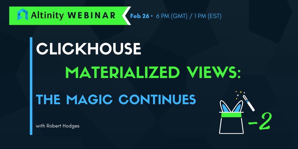 AltinityDB's tweet image. Upcoming Altinity Webinar: ClickHouse Materialized Views. The Magic Continues hubs.ly/H0n2czY0 #altinityWebinars #AltinityDB #datawarehouse