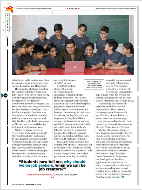 codevidhya's tweet photo. Spot us in the #forbesindia magazine.
The story titled "Code Them Young" - A dive into the fascinating world of edtech in India.

Thank you @forbes_india for acknowledging our work and asserting the need for #teachingkidstocode

#coverage #forbes #learntocode #learnbydoing https://t.co/WkzeoYQLjJ