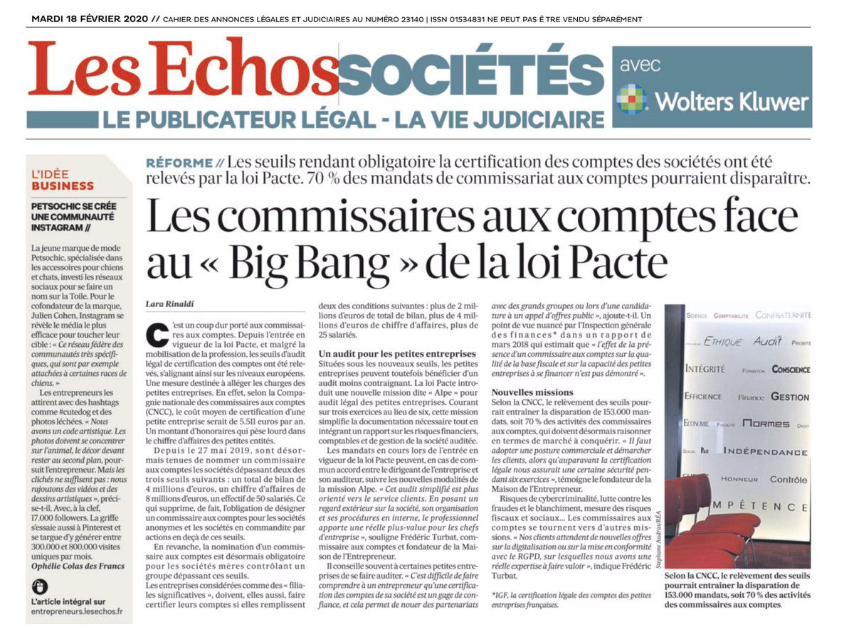 #loipacte et #commissairesauxcomptes, de nouvelles missions pour leurs clients : mise en conformité #RGPD, #cybersecurite, audit simplifié TPE #loialpe, digitalisation des process. L’enjeu pour cette profession est d’adopter une posture marché pour proposer ces nouvelles offres