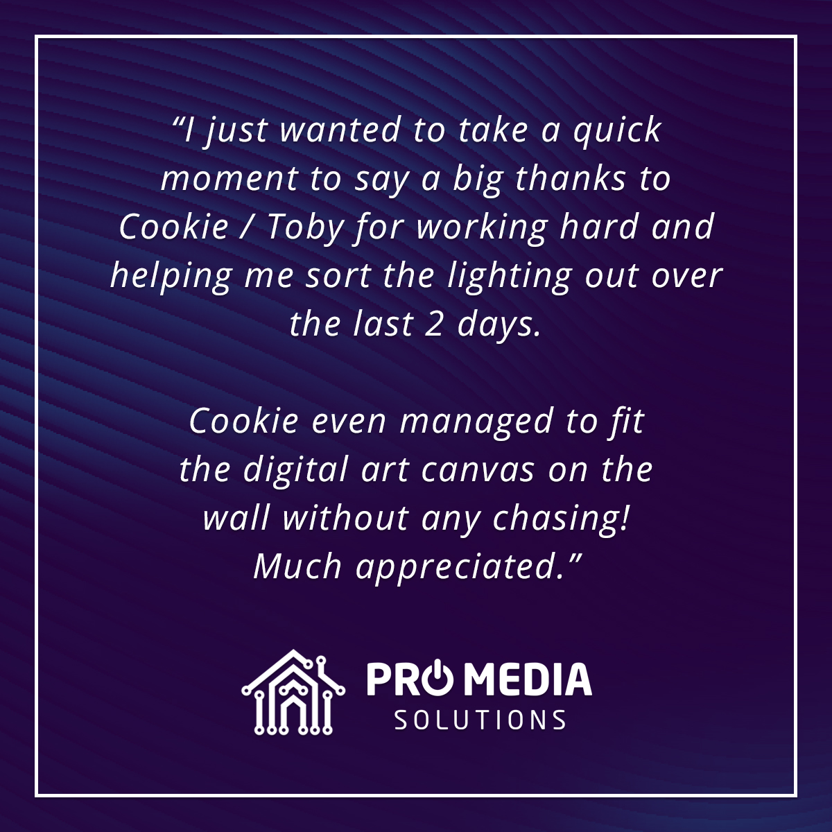 ProMediaSols's tweet photo. Some great feedback from one of our clients. Keep up the good work team!
If you are looking to make your home smarter, make sure you get in touch - 0345 505 1760 or visit our website - https://t.co/M5b6BWcZg0 https://t.co/rBSXqKrsxp