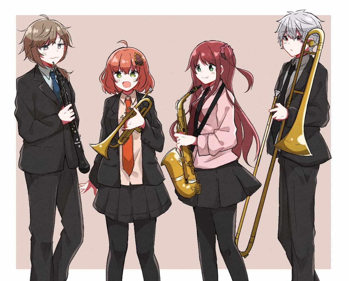 kuzuha (nijisanji) multiple boys multiple girls 2boys necktie 2girls instrument brown hair  illustration images