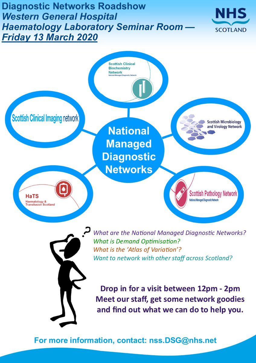 NMDNScot's tweet photo. The NMDN roadshows are hitting the road again! We will be visiting Western General Hospital on 13 March.
This is your chance to meet our staff, learn more about the networks, and grab some free goodies.
To all WGH staff, hope to see you there! #HaTS #SCBN #SCIN #SMVN #SPAN https://t.co/96B3qqWLXD