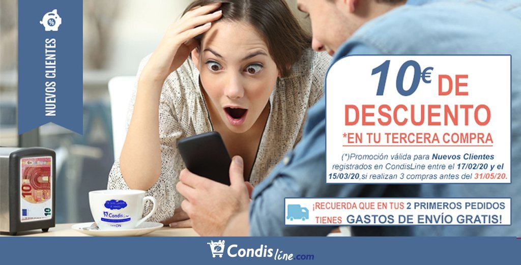 Condislife's tweet photo. ¿Eres nuevo en #Condisline? 🎉¡Estás de enhorabuena!🎉Ahora podrás disfrutar de gastos de envío #gratis en tus dos primeros pedidos 📲🛒y 10€ de #descuento 💸en tu tercera compra.
Entra y disfruta de la #promoción➡️ https://t.co/lQc7Zn8w2a
🔹Válida del 17/02/20 al 15/03/20. https://t.co/l9oCD3pkSr