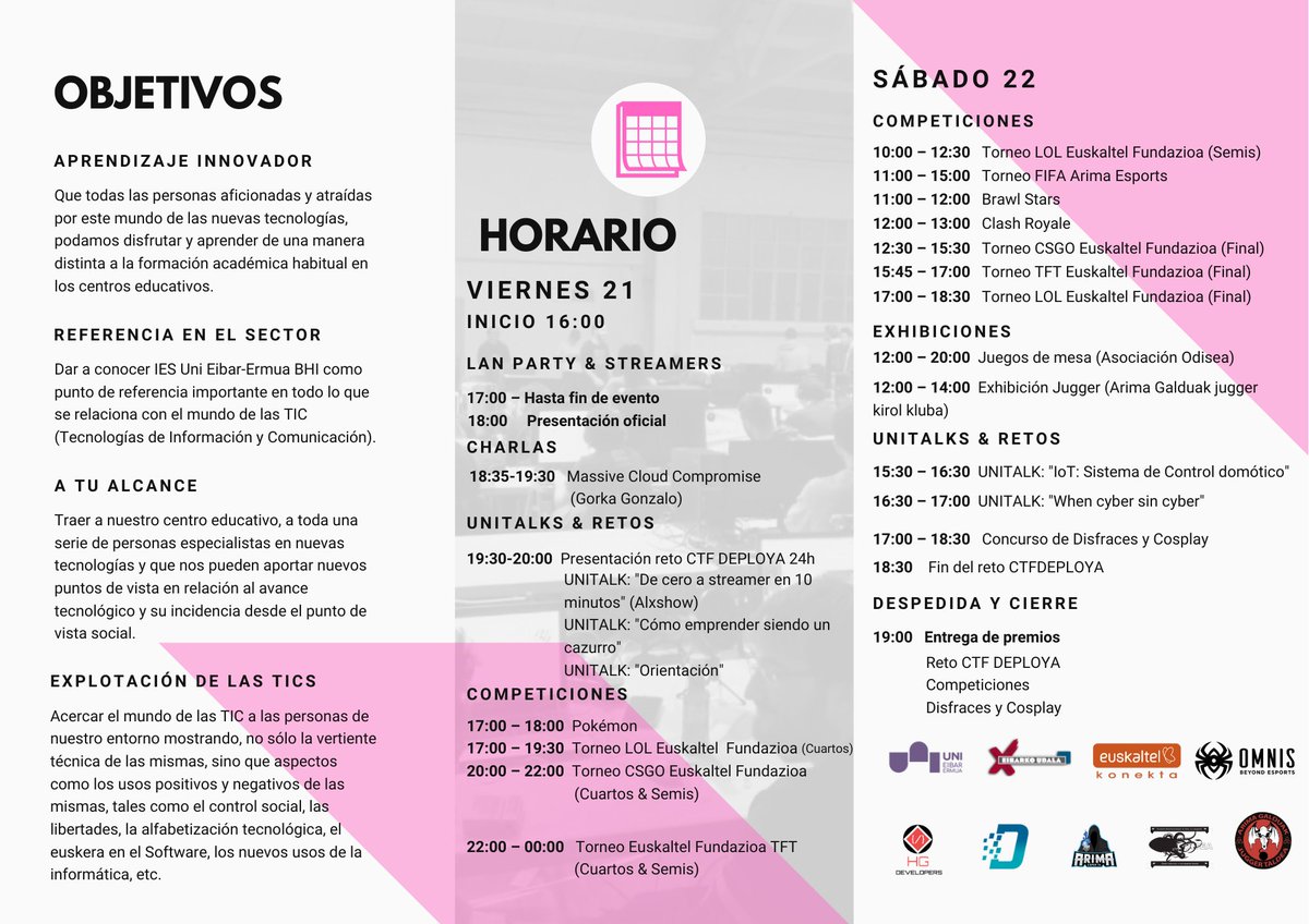 uniencounter's tweet photo. 📑¡Organízate!
🗞El programa en formato tríptico de la Uni Encounter 2020 ya está aquí👀

🗣Fechas de las charlas
👨🏻‍💻Tiempo para los retos
🎮Horario esports
🎲Horario juegos de mesa
🛡Horario exhibición Jugger
🌟Y mucho más

Descarga tu programa aquí⬇️
https://t.co/eyp3x7E7bv https://t.co/hKZlrL7NiK