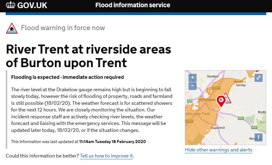 StaffsPolice's tweet photo. The Environment Agency has updated their flood warning for #Burton. 
Please stay safe everyone. You can find helpful advice here: https://t.co/rlE0m9B6nr https://t.co/4vD46c4pWn