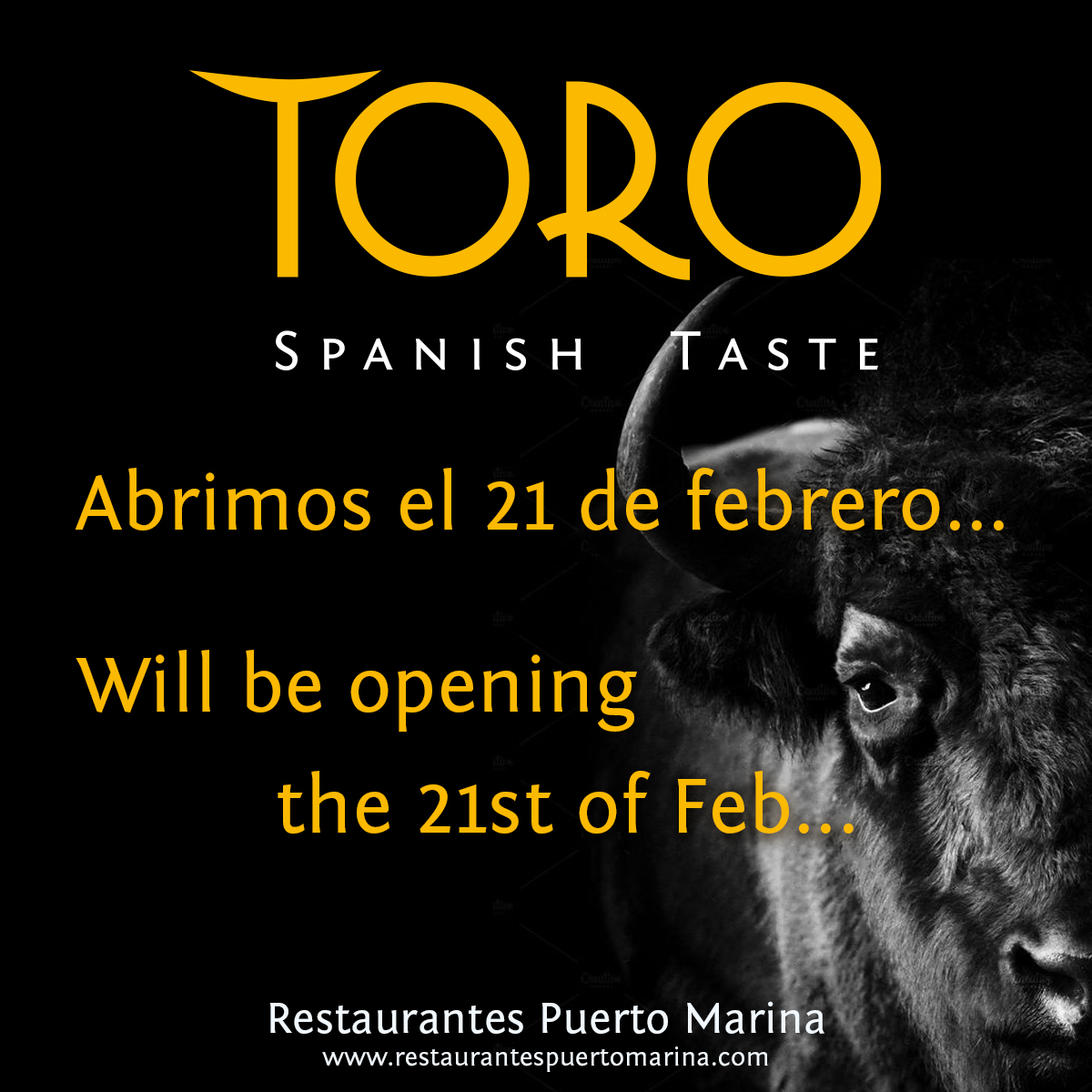 RestaurantsPM's tweet photo. We are pleased to announce that TORO-Spanish Taste located in Puerto Marina will be opening the 21st of February! See you there? 😍🤩
#TORO #PuertoMarina #Benalmadena #JamónIbérico #Spanishrestaurant #spanishcuisine #tapas #TOROSpanishTaste #BenalmadenaMarina #Malaga #foodies https://t.co/p2Ux6lYpZl