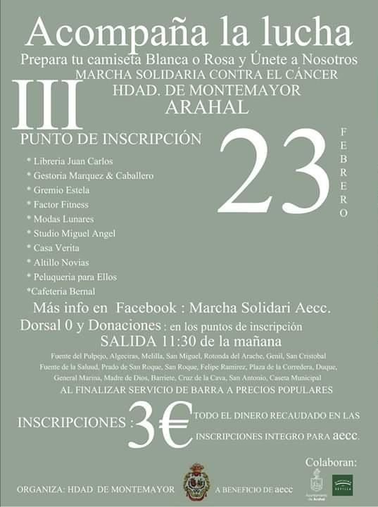 3ª Marcha Solidaria Contra el Cáncer, organizada por la Hermandad de Montemayor de Arahal

📆 Domingo 23 de febrero de
      2020

📝 Inscripciones: 3€

Todo el dinero recaudado en las inscripciones irá destinado íntegramente a la Asociación Española Contra el Cáncer

¡COLABORA!