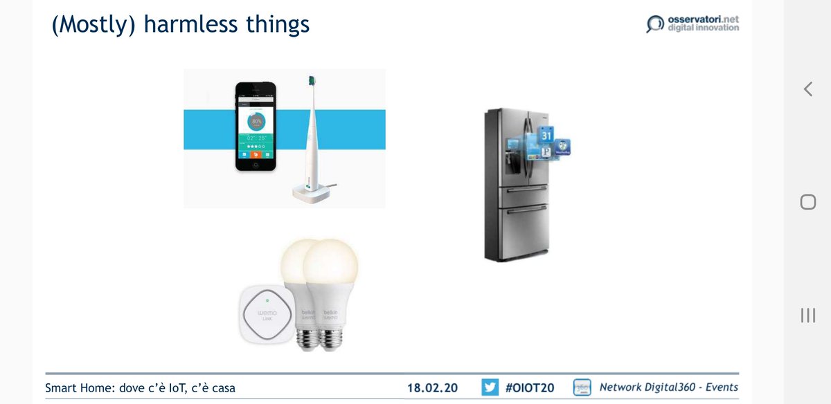 Sulisenator's tweet photo. Tranne le componenti di sicurezza (antifurto, serrature...)
La maggior parte dei dispositivi #smarthome non sono security critical. Ciò che resta sensibile è l'uso del dato. 
#OIOT20 https://t.co/TQrGRRXlvG