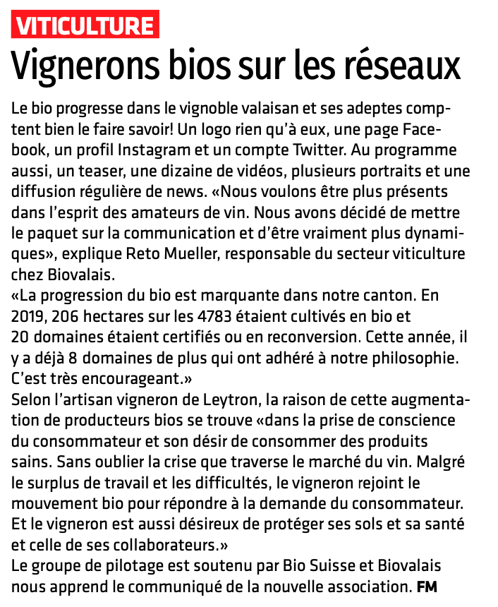 ValaisVinBio's tweet photo. 🍇 Merci @lenouvelliste : ‘’Vignerons bios sur les réseaux’’

#valaisvinbio #haternalprod #biosuisse #biovalais #valais #vin #bio #wallis #wein #wine #winetasting #winelover #foodandwine #winetime #winery #winelovers #Winestagram #instawine #wineporn #winewednesday #winemeaker https://t.co/m4E20qyEdD