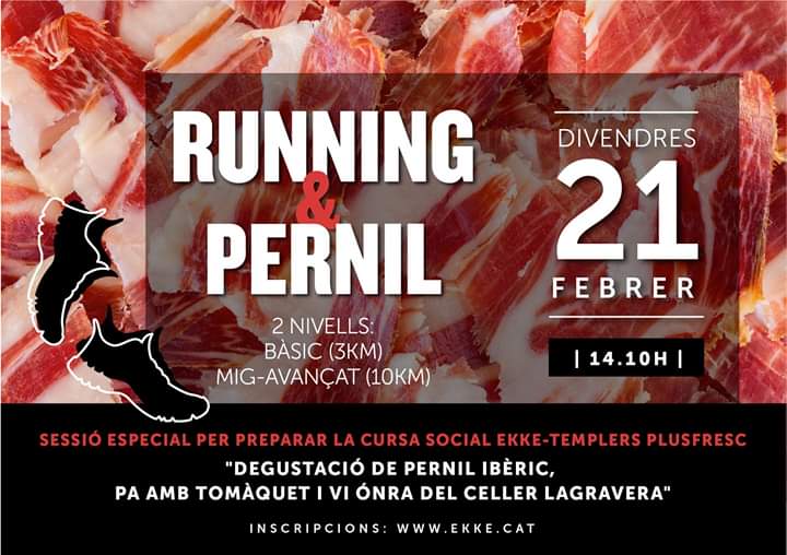 AQUEST DIVENDRES T'ESPEREM AL RUNNING &amp; PERNIL!
Una sessió especial per a tots els ekke runners per preparar la Cursa Social Ekke <a href="/CursaTemplers/">Cursa Templers Plusfresc</a> Entrenament de running (dos nivells) i després degustació de pernil ibèric.
Apunta't aquí > ekke.cat/ca/running-per…