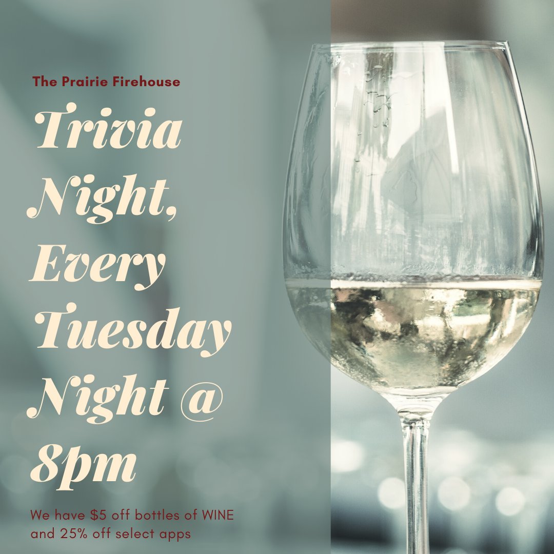 P_Firehouse's tweet photo. JOIN US TONIGHT FOR Trivia with Kate &amp; Aaron!!

We have $5 off Bottles of Wine AND 25% off Select apps

Come in, Challenge your friends and test your knowledge 

Reserve your spot by calling (204) 727-3117

#drinkresponsible #downtowneats #BrandonMB #TRIVIA https://t.co/Tnp6qlo4TG