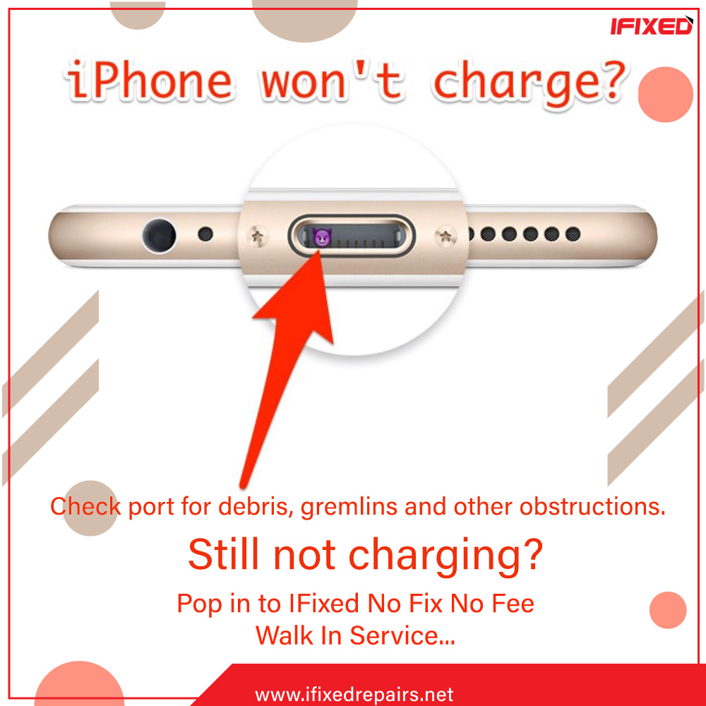 iPhone won't charge? Check port for debris, gremlins and other obstructions. Still not charging? Pop in to IFixed No Fix No Fee Walk In Service. Log on to ifixedrepairs.net for more information. Contact us -017-077-07273⠀ #ifixedrepairs #phonerepair #screenrepair