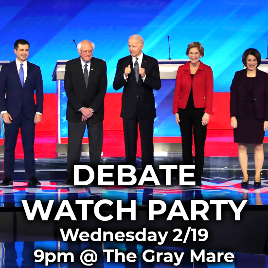 THEATERINASYLUM's tweet photo. Watch the Democratic debate with us! Wednesday, February 19, 9pm at The Gray Mare in the East Village. No cover! - https://t.co/nGHECZiq2z https://t.co/yZEQlhm3ib