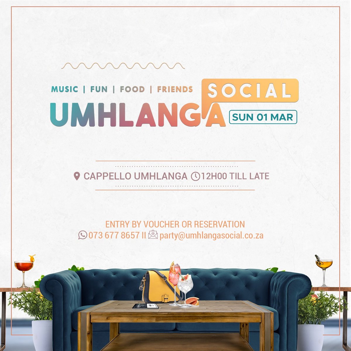 DJSOXsa's tweet photo. Are you for an A-listers Sunday Sundowners session?🥂

#UmhlangaSocial has partnered with CAPPELLO UMHLANGA to bring you the best Sunday vibes👌🏾 

🗓 01 Mar 2020
⌚ 12h00 till late 
🎟 R200 Voucher (goes towards food &amp; drinks) 

Info: 📲 073 677 8657
📧 Party@umhlangasocial.co.za https://t.co/E5S5bBWVzF