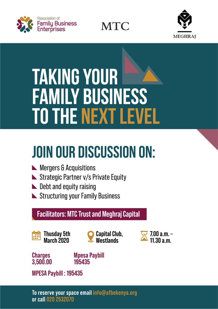 afbekenya's tweet photo. As family businesses grow they become more complex with each generation. This session will look at critical considerations for a family business to move to the next level, including: Mergers &amp; Acquisitions, Strategic partner vs Private Equity, Debt and Equity raising etc. https://t.co/0E6NUsjenA