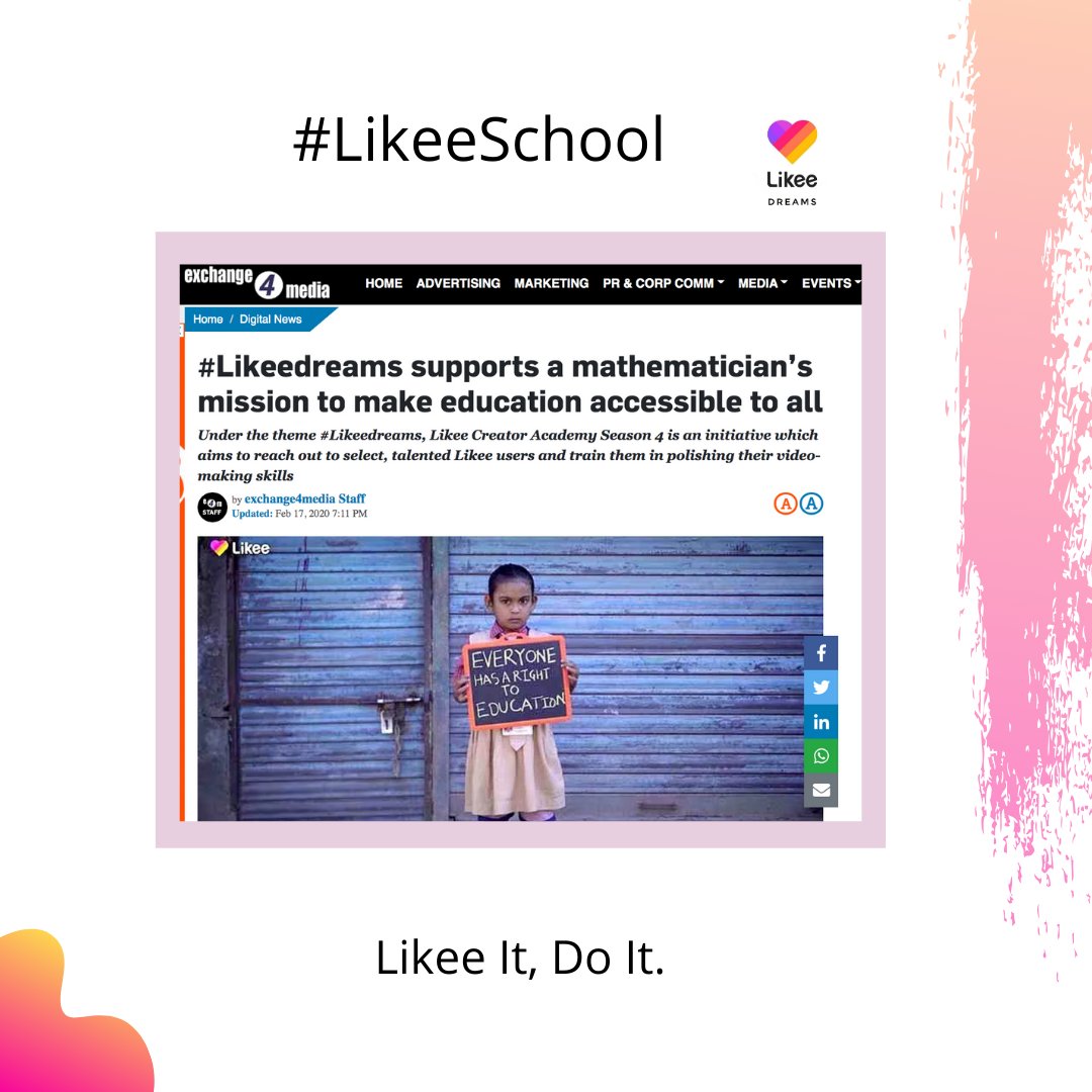 likee_official's tweet photo. A dream or free education is #LikeeDreams
Thanks @raziuddeensiddiqui for inspiring work.
Also thanks to @exchange4media @newstrack for spreading #LikeeDreams and a thought of #LikeeSchool
#likeeapp #likeeindia #likeeindiaofficial #likeemumbai #likeemeetup #tuesdaytransformation https://t.co/3DdZfR0iRP