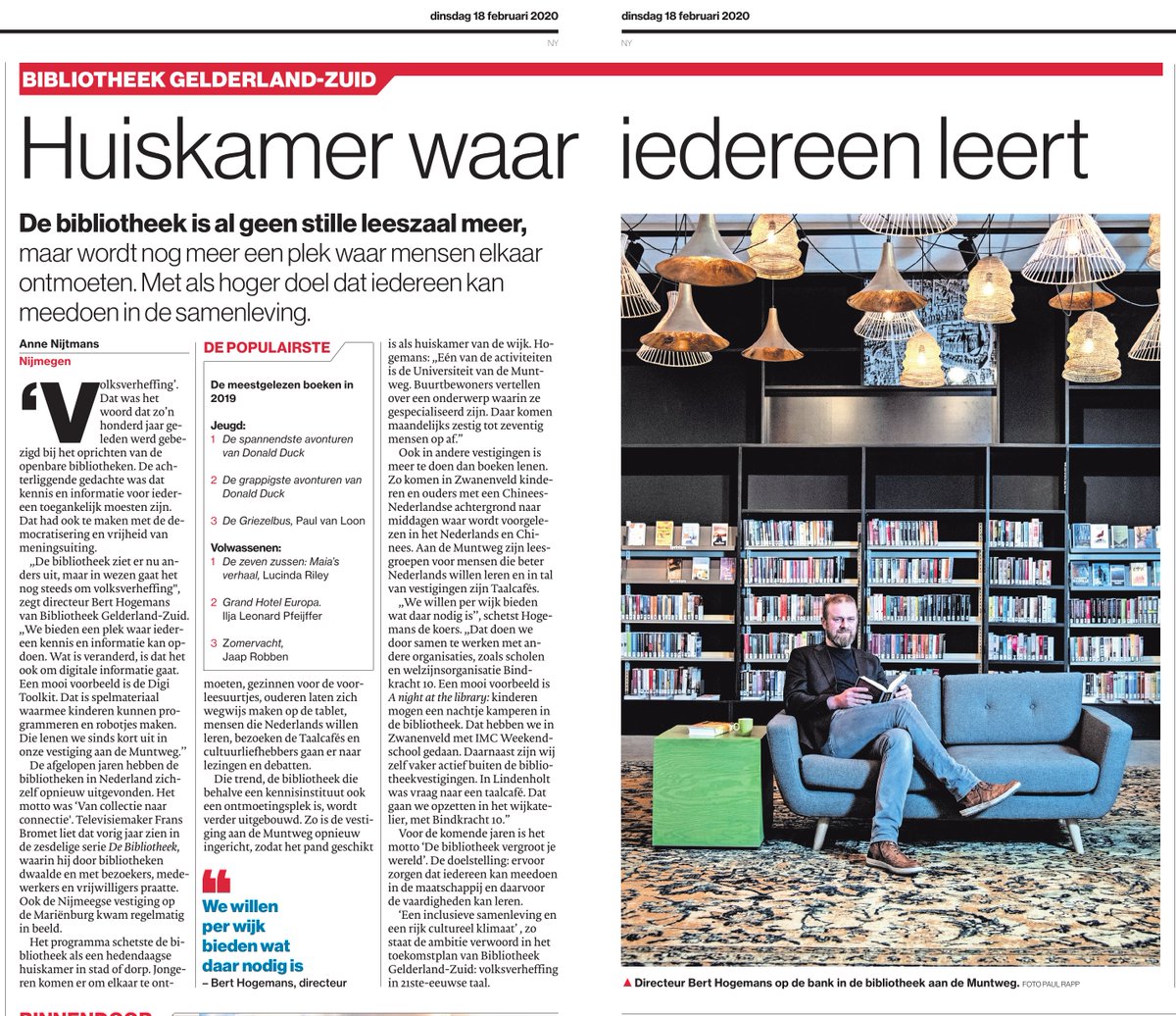 Mooi stuk over onze bieb in <a href="/dgnijmegen/">De Gelderlander</a> vandaag. De bibliotheek als hedendaagse huiskamer waar iedereen leert.