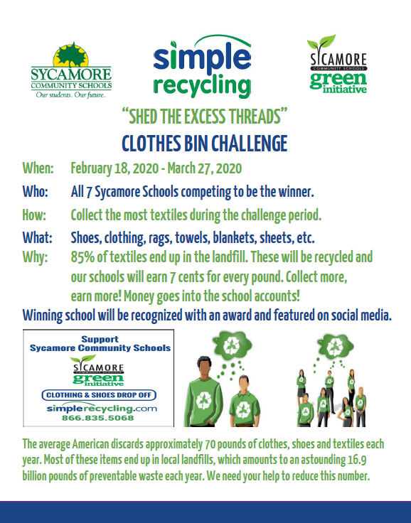 Flightintendent's tweet photo. Shed the Excess Threads is back @SycamoreSchools! Good luck to each of the schools! @shs_highschool @SycamoreJrHigh @EHGreeneSchool @BlueAshElem @SymmesElem @Montgomery_Elem @MapleDaleElem #FillTheBins #TextileRecycling @HamCoRecycling https://t.co/JHVNzESK2k