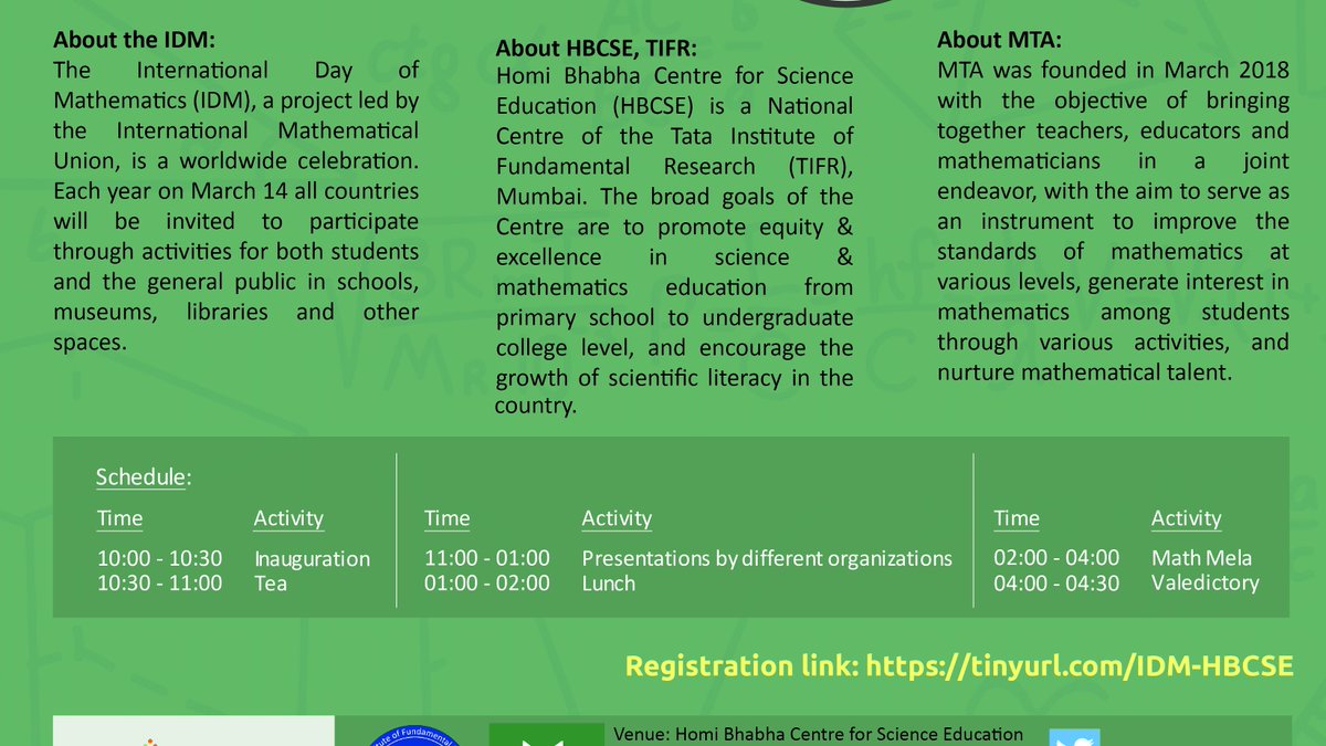 HBCSE_TIFR's tweet photo. @TIFRScience @VigyanPrasar @SciComm_India @chaiandwhy @Haritara @raviksubra Institutions interested in participating in this event may please register before 29th February 2020 at https://t.co/o9TZtAEOgw
Poster of the event could be found at https://t.co/TBfCkZMcTL
#WorldMathDay #theme #mathematicseverywhere https://t.co/K8bdmADYEC