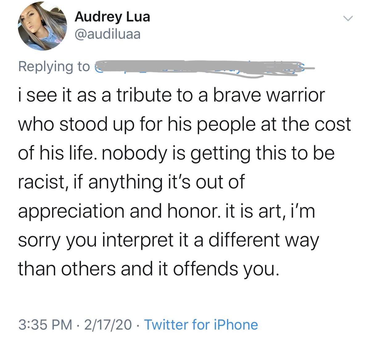 aliwatson117's tweet image. This is that first WW in this whole thread above captioned by her as, ‘ope, guess I’m a racist’.

Note the claim of how it’s an “honor”. Her, a white woman feels entitled to tell Natives what we should or shouldn’t be honored by. #DeadNativeFetish #RacistTattoos #ProGenocide