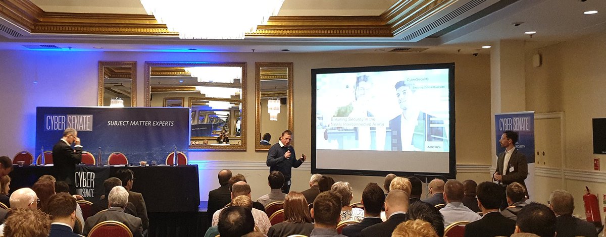 AirbusCyber's tweet photo. David Butler, our Head of Enterprise sales Cyber UK, and Sash Rigby, technical director and co-founder at @moduxlabs are giving a presentation about #railcybersecurity in the newly interconnected digital arena at the Rail Cyber Security Summit in London. w/ @CyberSenate https://t.co/0k0Ns1eZKx