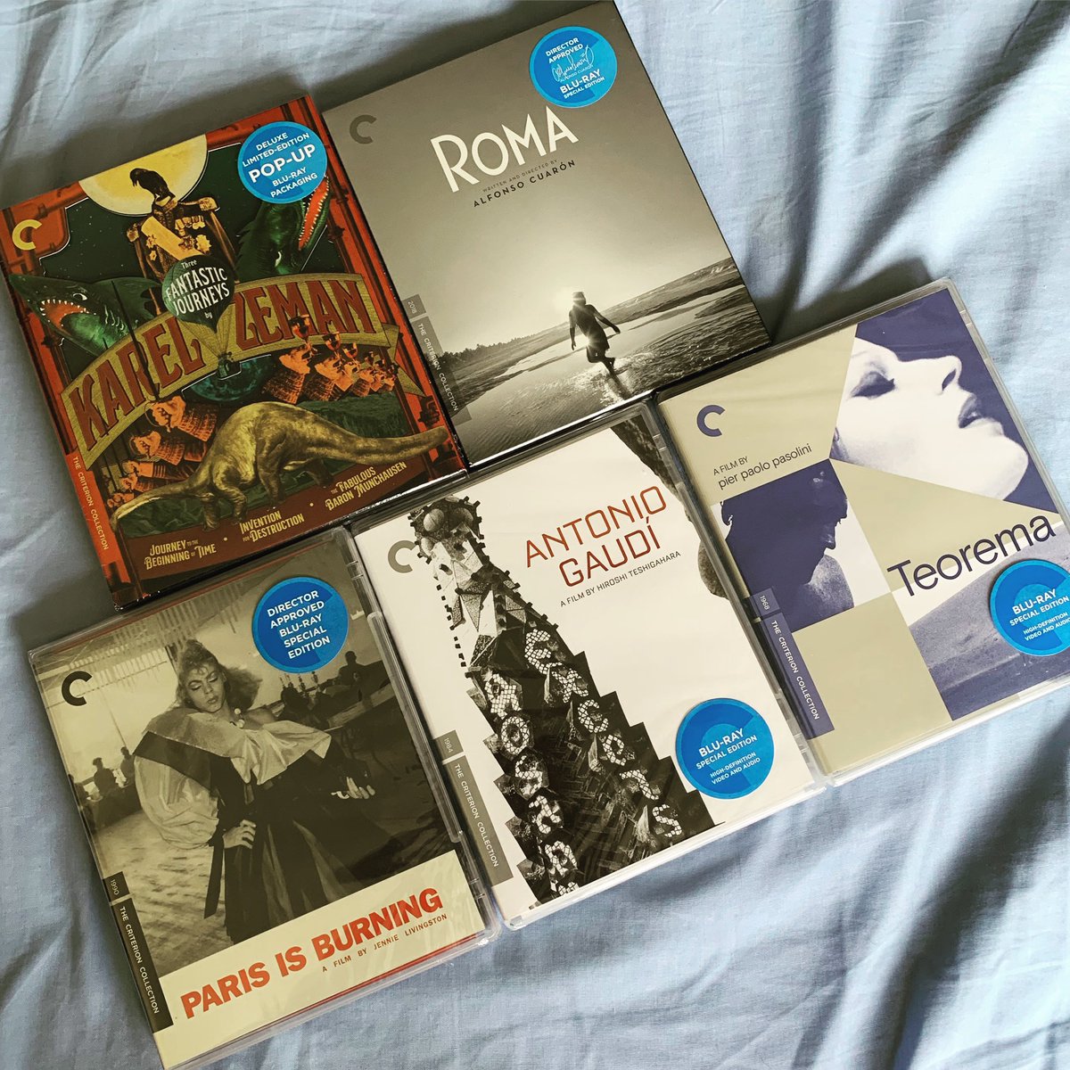 NeilMcGFilm's tweet photo. Just arrived, the February @Criterion releases #Criterion #criterioncollection #filmcollector #bluraycollection #criterionbluray #thecriterioncollection #karelzeman #romamovie #alfonsocuaron #parisisburning #antoniogaudi #teorama #pierpaolopasolini https://t.co/EN063c7xPm