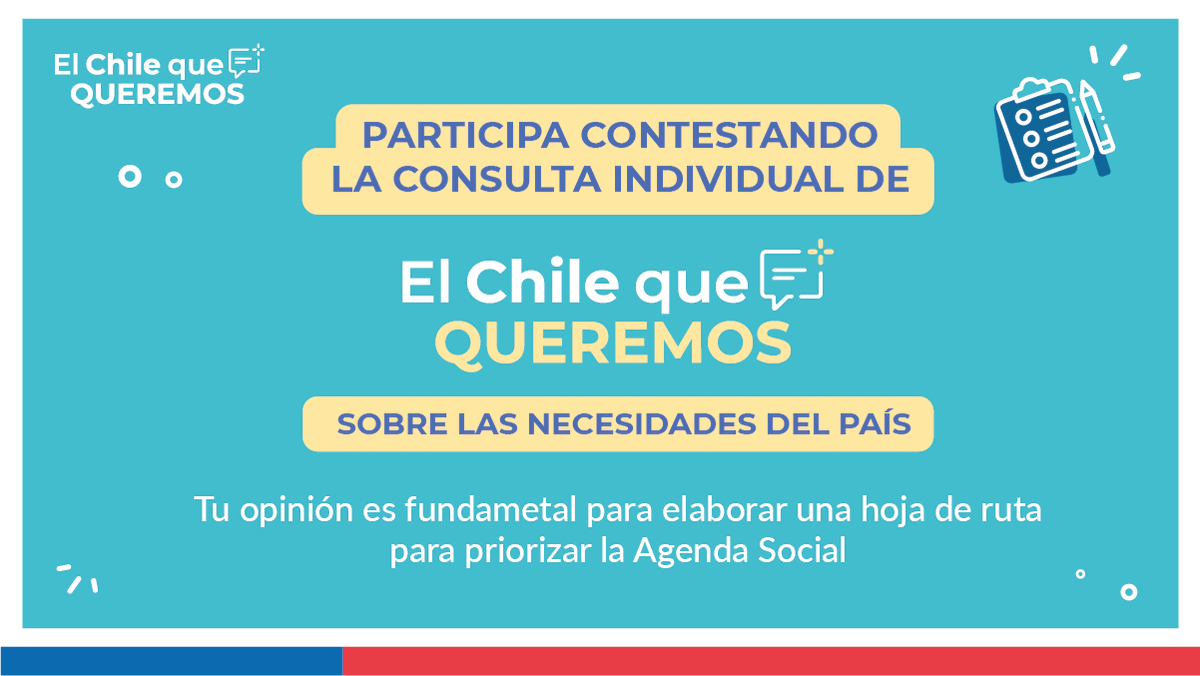 🗣Aún puedes participar respondiendo la Consulta Individual de #ElChilequeQueremos para la construcción de la Agenda Social. Ingresa  con tu Clave Única o con tu Cédula de Identidad 👉bit.ly/ConsultaCHqQ  🇨🇱🤝