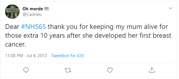 bob_fact's tweet photo. Breast cancer first.  Son remembers the radiotherapy targets drawn on her.  She beat that.  Then it came back, she didn't want to make a fuss.  By the time she was seen it was in her bones.  She didn't last long after that. https://t.co/2G88yOBRHF