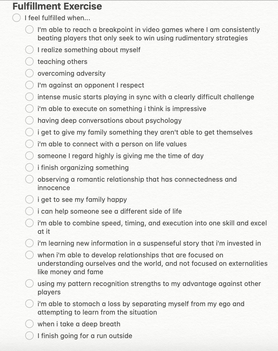 talbadar is doing an exercise he learned from dr. kanojia

it's a good one... list what fulfills you