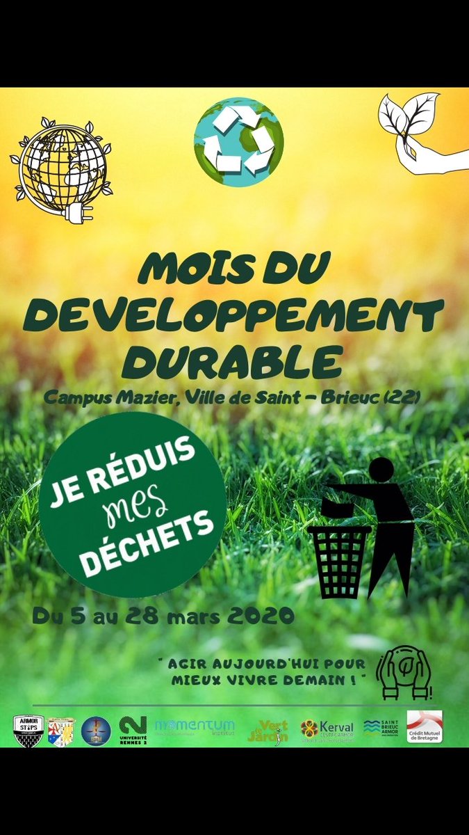 Historia_Tempus's tweet photo. ♻️ MOIS DU DÉVELOPPEMENT DURABLE ! ♻️

▶️ Les associations étudiantes du Campus Mazier organisent un mois du développement durable ! 

📅 Du 05 au 28 mars ! 

📍Au programme : 🗣️ Conférences avec des professionnels, ateliers de tri 🚮, journée de l'alimentation etc... 🥕 https://t.co/VE4Xt8YkdG
