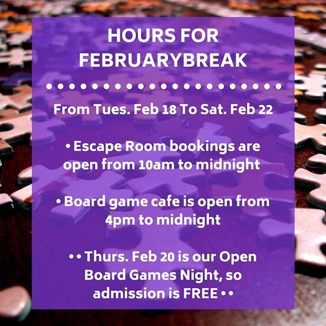 EscapeClubYQR's tweet photo. We hope you had a fun filled family day! If you want some more fun this week come visit us to take on a challenge in one of our six escape rooms, or dabble in some of our board games with over 365 games to choose from! We offer alcoholic and non-alcoholi… https://t.co/SJZoQoovKg https://t.co/KJY48WM5p4