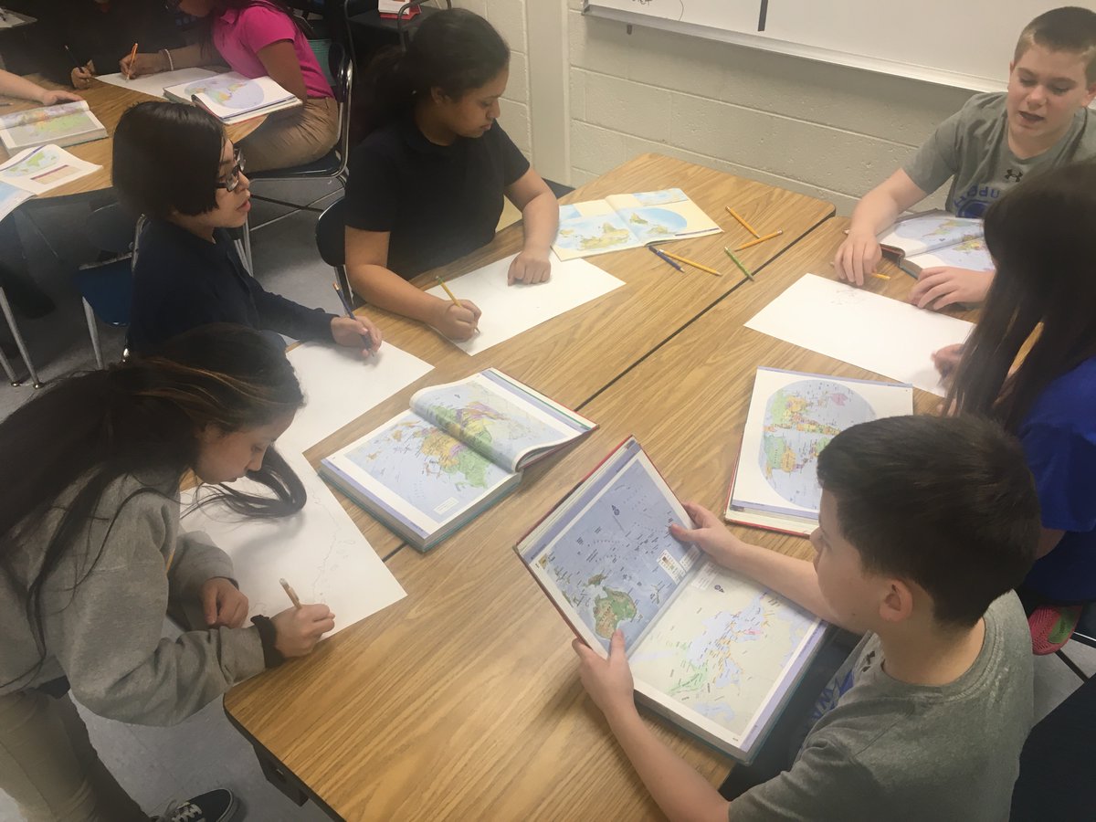 Today, we are working in groups to create large world maps. 🧠✍️💡✏️ #weAREambitious #socialstudiesmatters #mappingskills  #HBMS