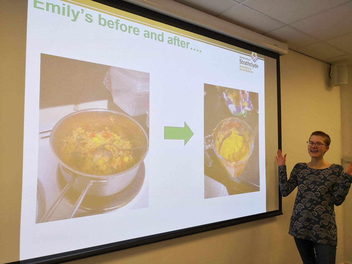 CarolynSLTpeep's tweet photo. This week the 3rd year @Strath_SLT students are walking in the shoes of their clients with swallowing difficulties. Here's their pureed meals - check out Fraser's canapés!! https://t.co/sPhqy1bYNV