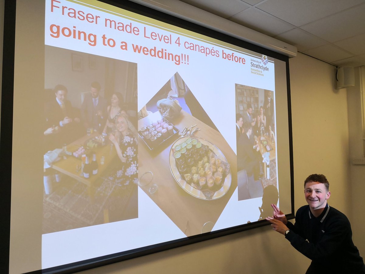 CarolynSLTpeep's tweet photo. This week the 3rd year @Strath_SLT students are walking in the shoes of their clients with swallowing difficulties. Here's their pureed meals - check out Fraser's canapés!! https://t.co/sPhqy1bYNV