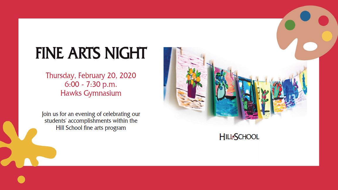 Hillschoolftw's tweet photo. Hill School's Fine Arts Night is THIS Thursday evening, February 20 from 6:00-7:30 p.m.! Join us in the Hawks Gymnasium to catch a glimpse of the multitude of masterpieces our students have created in their respective art classes this year! #HillSchoolHawks https://t.co/kSFITU0yB5