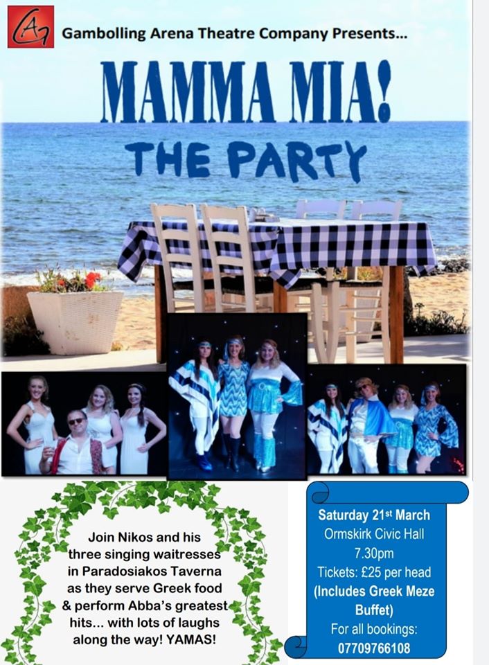 🎉#MAMMAMIA - HERE WE GO AGAIN!🎉
We are reopening the doors of Paradosiakos Taverna THIS #MARCH! 🇬🇷🍽🥂- Sing along to #ABBA #classics whilst you enjoy #delicious #Greek Meze.

🎟️£25 per person (incl Greek food)
📍<a href="/OrmskirkCivic/">Ormskirk Civic Hall</a> 
🗓Sat 21st March
🕢7.30pm
☎️07709766108

#theatre