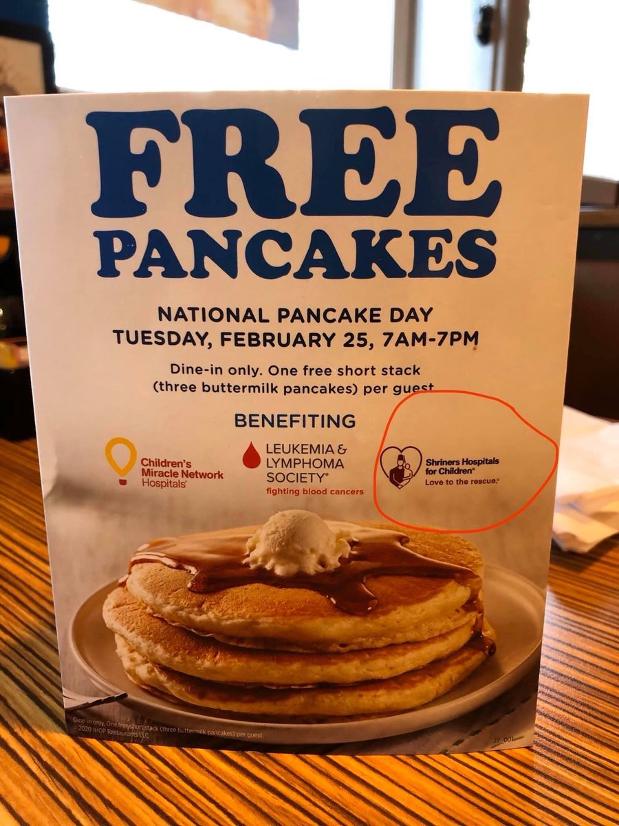 JMembership's tweet photo. Don't forget next Tuesday, February 25th is National Pancake Day, which benefits Shriners Children Hospital when you visit a participating IHOP.  Great to start the day and support your favorite reason for wearing a Fez! https://t.co/GxYi5tbfkE