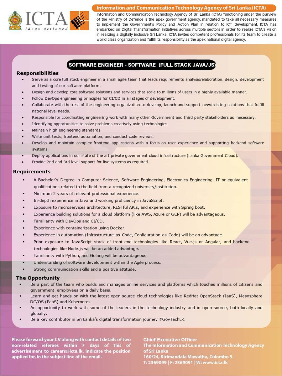 icta_srilanka's tweet photo. ICTA Sri Lanka is hiring! We are looking for skilled engineers for the below roles;
- Technical Lead (Full-stack Java/JS)
- Snr. Software Engineer (Full-stack Java/JS)
- Software Engineer (Full-stack Java/JS)
- Systems Engineer (for Lanka Government Cloud)
#GovTechLK https://t.co/tGhHUitOdd